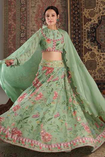 Negra Elegante_Green Organza, Georgette Embroidery, Stones High Zara Floral Pattern Lehenga Set _at_Aza_Fashions