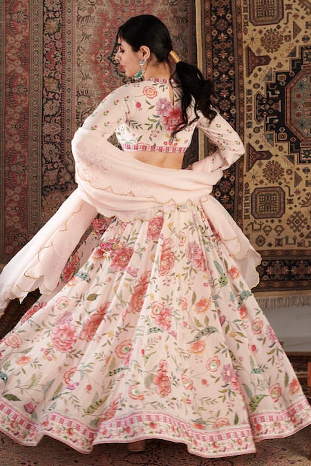 Shop_Negra Elegante_Ivory Organza, Georgette Embroidery, Zara Floral Pattern Lehenga Blouse Set _at_Aza_Fashions