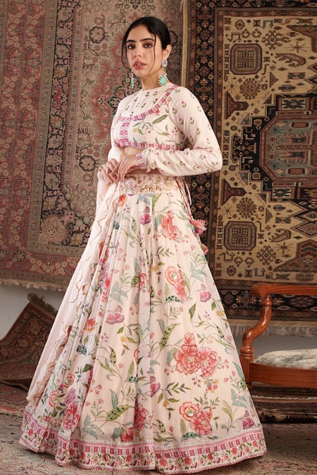 Shop_Negra Elegante_Ivory Organza, Georgette Embroidery, Zara Floral Pattern Lehenga Blouse Set _Online_at_Aza_Fashions