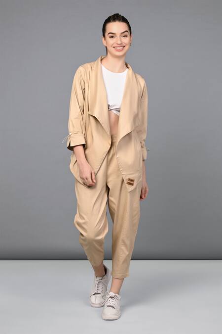 Tuna London - {Tuna Active}_Beige 100% Cotton Plain Open Neck Asymmetric Jacket And Jogger Pant Set_Online_at_Aza_Fashions
