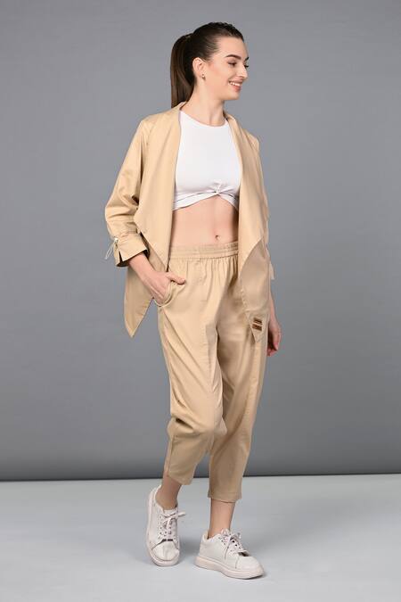 Buy_Tuna London - {Tuna Active}_Beige 100% Cotton Plain Open Neck Asymmetric Jacket And Jogger Pant Set_Online_at_Aza_Fashions