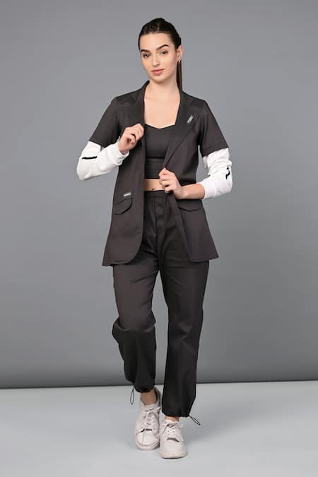 Tuna London - {Tuna Active}_Black Cotton Collared Color Block Jacket With Jogger Pant _Online_at_Aza_Fashions