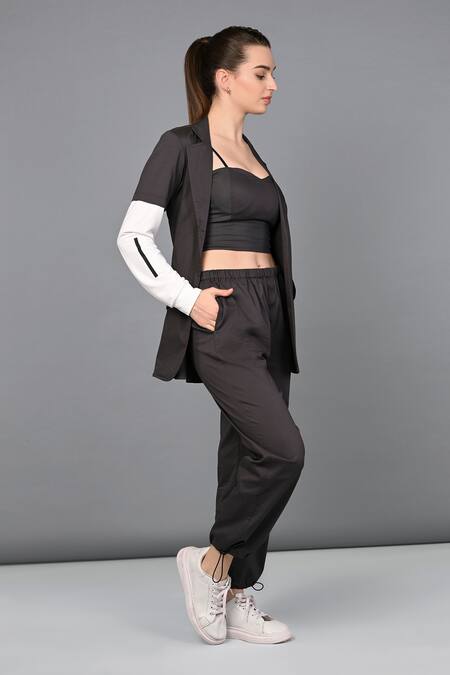 Buy_Tuna London - {Tuna Active}_Black Cotton Collared Color Block Jacket With Jogger Pant _Online_at_Aza_Fashions