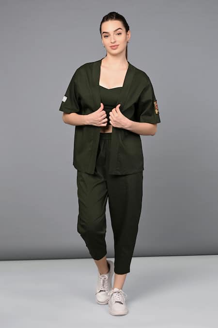 Tuna London - {Tuna Active} Green Cotton Patchwork Open , Crew Plain Jacket And Yoga Pant Set Online at Aza Fashions Tuna London - {Tuna Active}_Green Cotton Patchwork Open , Crew Plain Jacket And Yoga Pant Set _Online_at_Aza_Fashions