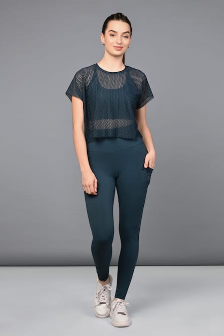 Tuna London - {Tuna Active} Blue Poly Blended Plain Round Neck Teal Mesh Top And Leggings Set 