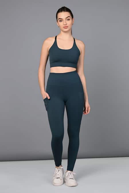 Tuna London - {Tuna Active}_Blue Round Neck Teal Mesh Top And Leggings Set _Online_at_Aza_Fashions