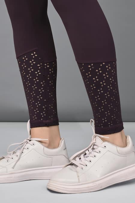 Tuna London - {Tuna Active}_Purple Polyester Cut Work Round Neck Vino Activewear Mesh Top And Leggings Set _at_Aza_Fashions