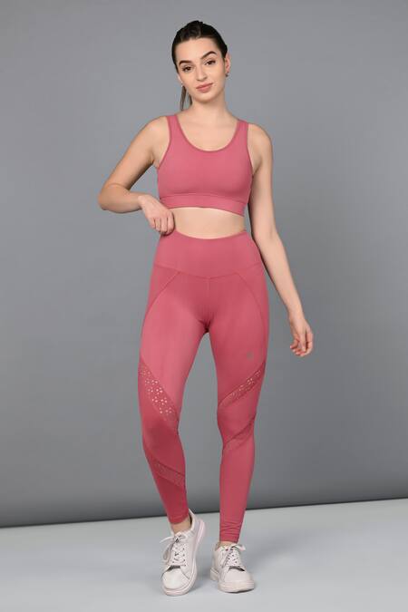 Tuna London - {Tuna Active}_Pink Polyester Cut Work Round Neck Mesh Sporty Chic Top And Leggings Set _Online_at_Aza_Fashions