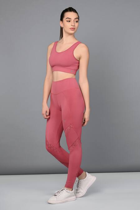 Buy_Tuna London - {Tuna Active}_Pink Polyester Cut Work Round Neck Mesh Sporty Chic Top And Leggings Set _Online_at_Aza_Fashions