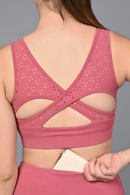 Tuna London - {Tuna Active}_Pink Polyester Cut Work Round Neck Mesh Sporty Chic Top And Leggings Set _at_Aza_Fashions