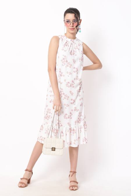 Buy Pink Rayon Print Aster Bloom High Round Neck Midi Dress For Women ...