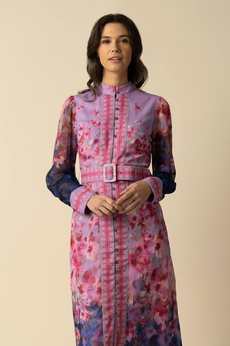 Raishma_Purple Chiffon Buckles Collared Freya Floral Print Dress With Belt_Online_at_Aza_Fashions