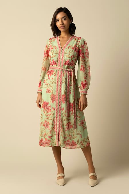 RAISHMA Green Chiffon Printed Floral V Neck Naomi Midi Dress 