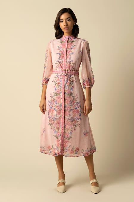 RAISHMA Pink Georgette Crinkle Printed Floral Band Collar Rose Dress With Belt 