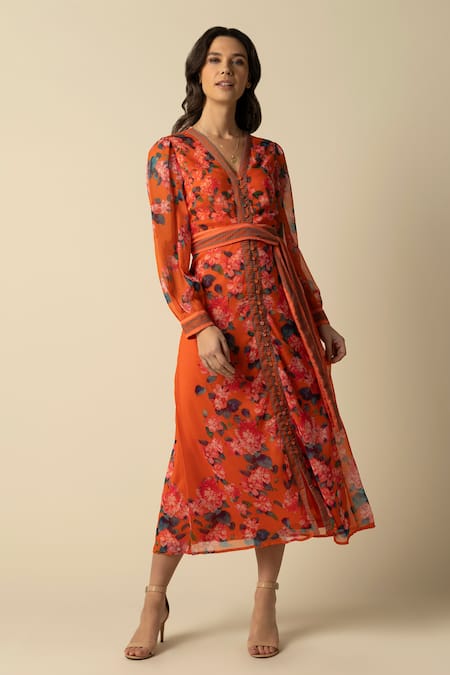 RAISHMA Orange Crinkle Chiffon Floral V Neck Athena Pattern Midi Dress With Belt 