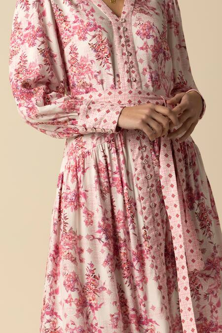 Raishma_Pink Cotton, Viscose Embroidery V-neck Aaliyah Flower Pattern Dress And Belt Set_Online_at_Aza_Fashions