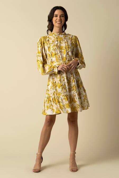 RAISHMA Yellow Viscose Twill Printed Floral High Neck Amanda Frill Dress With Belt