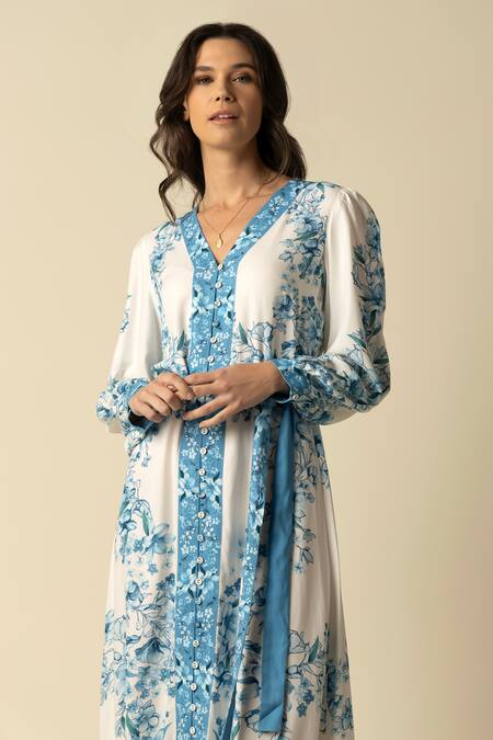 Raishma Blue Cotton, Viscose V-neck Jocelyn Floral Print Dress With Belt Online at Aza Fashions Raishma_Blue Cotton, Viscose V-neck Jocelyn Floral Print Dress With Belt_Online_at_Aza_Fashions