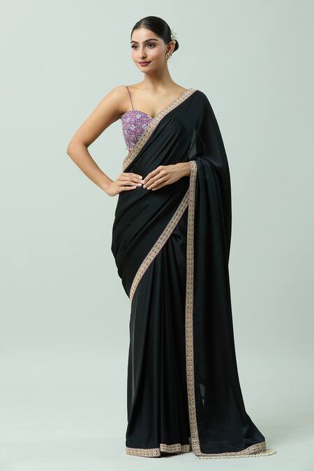 Anushka Khanna_Black Satin, Silk Pearls, Beads, Zari Embroidered Border Saree With Blouse_Online_at_Aza_Fashions