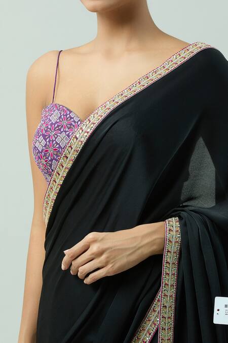 Buy_Anushka Khanna_Black Satin, Silk Pearls, Beads, Zari Embroidered Border Saree With Blouse_Online_at_Aza_Fashions