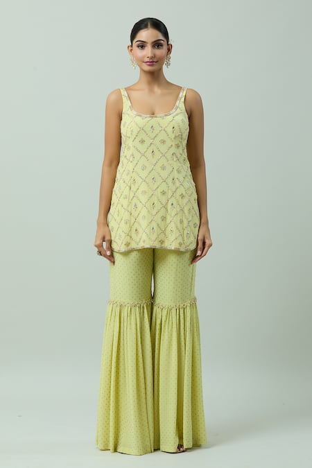 Anushka Khanna_Green Organza, Silk Beads, Gota Patti, Foil Embellished Kurta Gharara Set_Online_at_Aza_Fashions