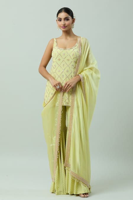 Anushka Khanna_Green Organza, Silk Beads, Gota Patti, Foil Embellished Kurta Gharara Set_at_Aza_Fashions