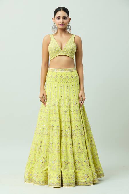 Anushka Khanna_Yellow Organza, Silk, Crepe Crystals, Gota Patti, Embellished Bridal Lehenga Set_Online_at_Aza_Fashions
