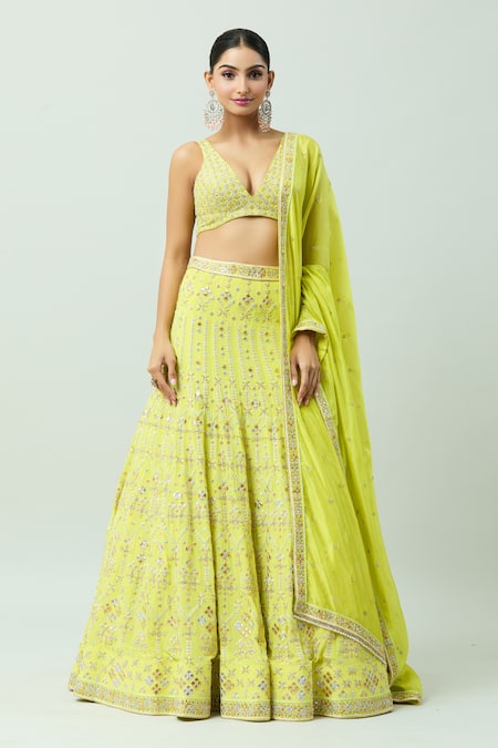 Shop_Anushka Khanna_Yellow Organza, Silk, Crepe Crystals, Gota Patti, Embellished Bridal Lehenga Set_Online_at_Aza_Fashions