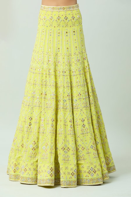 Anushka Khanna_Yellow Organza, Silk, Crepe Crystals, Gota Patti, Embellished Bridal Lehenga Set_at_Aza_Fashions