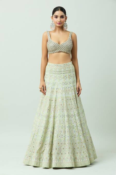 Buy_Anushka Khanna_Green Silk, Crepe, Organza Beads, Thread Mirrorwork Embellished Lehenga Set_Online_at_Aza_Fashions