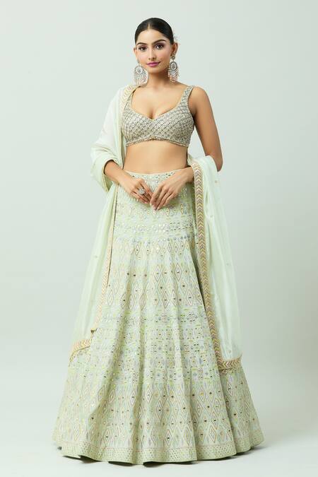 Anushka Khanna_Green Silk, Crepe, Organza Beads, Thread Mirrorwork Embellished Lehenga Set_at_Aza_Fashions