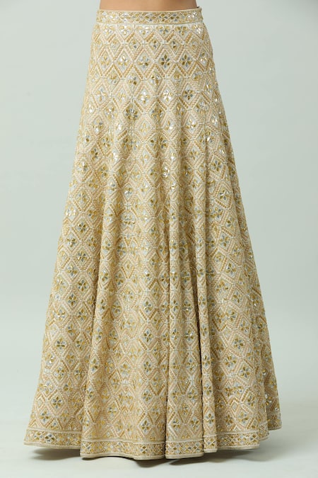 Anushka Khanna_Beige Silk, Crepe, Organza Gota Patti, Embellished Geometric Bridal Lehenga Set_Online_at_Aza_Fashions