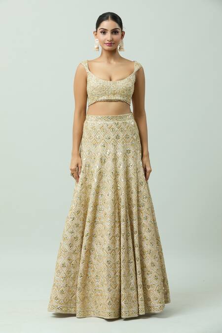 Buy_Anushka Khanna_Beige Silk, Crepe, Organza Gota Patti, Embellished Geometric Bridal Lehenga Set_Online_at_Aza_Fashions