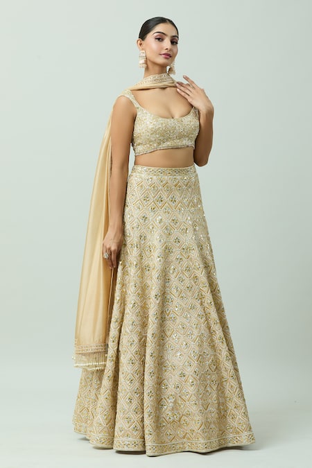 Anushka Khanna_Beige Silk, Crepe, Organza Gota Patti, Embellished Geometric Bridal Lehenga Set_at_Aza_Fashions