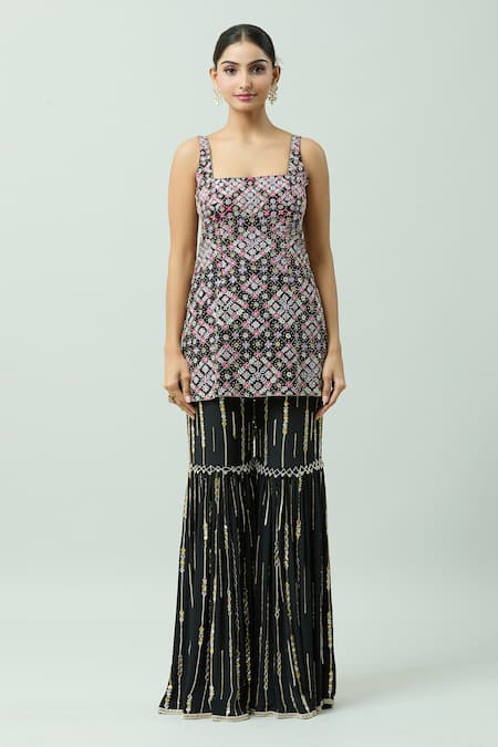 Anushka Khanna_Black Organza, Silk, Crepe Beads, Threadwork Kurta Embellished Gharara Set_Online_at_Aza_Fashions