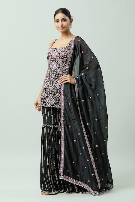 Anushka Khanna_Black Organza, Silk, Crepe Beads, Threadwork Kurta Embellished Gharara Set_at_Aza_Fashions