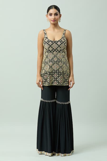Anushka Khanna_Black Organza, Silk Sequins, Beads, Embellished Floral Jaal Kurta Gharara Set_Online_at_Aza_Fashions