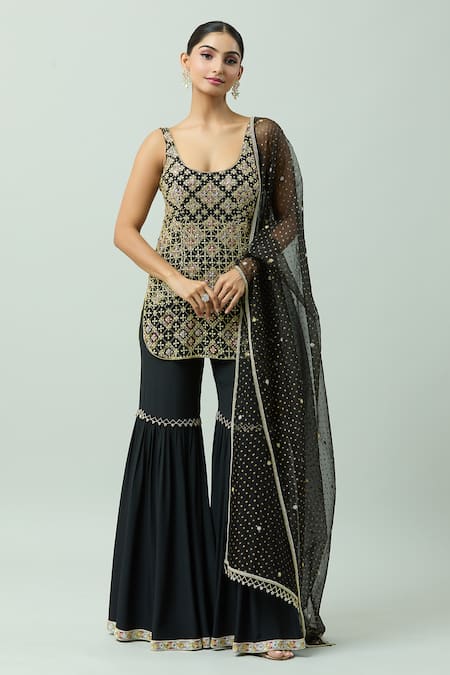 Anushka Khanna_Black Organza, Silk Sequins, Beads, Embellished Floral Jaal Kurta Gharara Set_at_Aza_Fashions