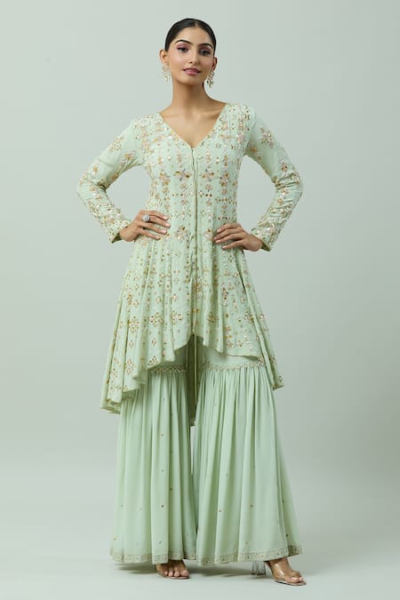 ANUSHKA KHANNA Green Silk Crepe Embellished Bead V-neck Gota High-low Kurta With Gharara 