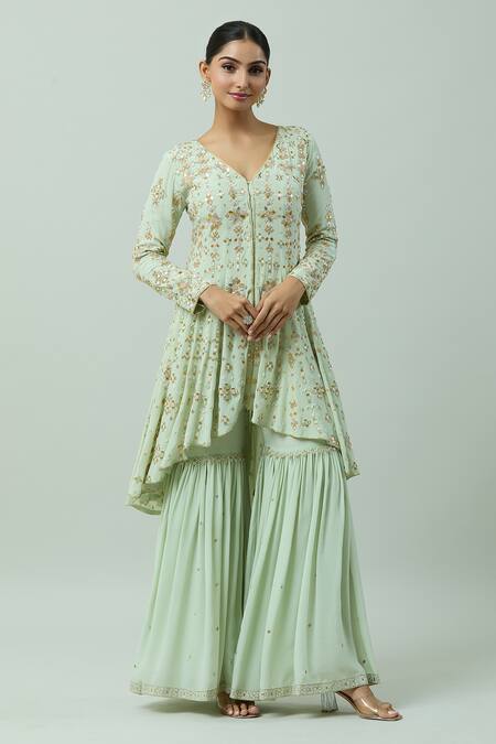 Shop_Anushka Khanna_Green Silk, Crepe Crystals, Gota Embellished High-low Kurta With Gharara_Online_at_Aza_Fashions