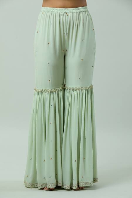 Anushka Khanna_Green Silk, Crepe Crystals, Gota Embellished High-low Kurta With Gharara_at_Aza_Fashions