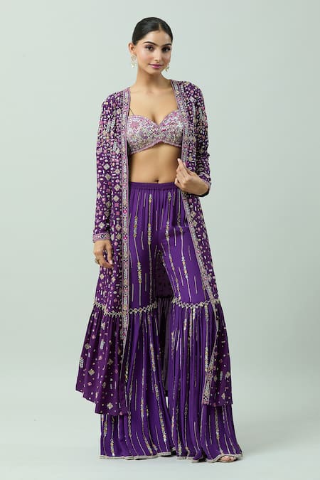 ANUSHKA KHANNA Purple Silk Crepe Embellished Bead Jacket Geometric Mirrorwork Gharara Set 