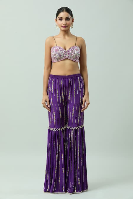 Anushka Khanna_Purple Silk Beads, Mirrors, Geometric Mirrorwork Embellished Jacket Gharara Set_Online_at_Aza_Fashions