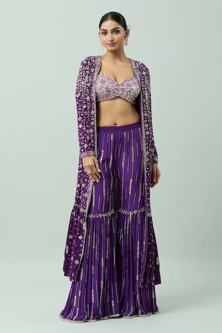 Anushka Khanna_Purple Silk Beads, Mirrors, Geometric Mirrorwork Embellished Jacket Gharara Set_at_Aza_Fashions