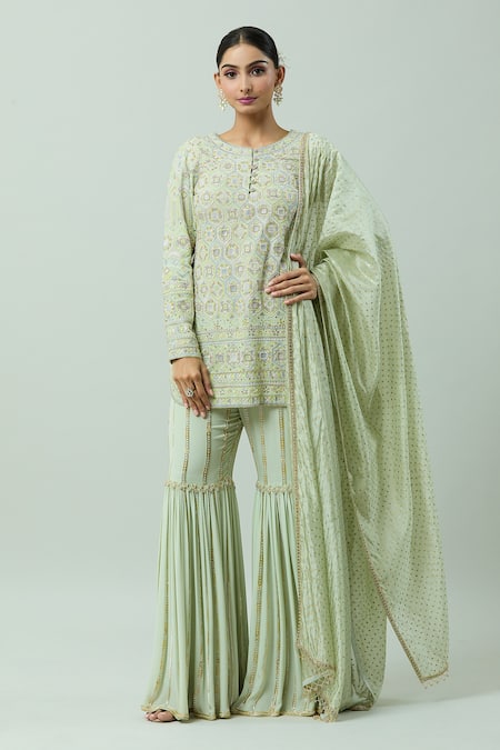 ANUSHKA KHANNA Green Silk Crepe Embellished Bead Honeycomb Thread Embroidered Kurta Gharara Set 