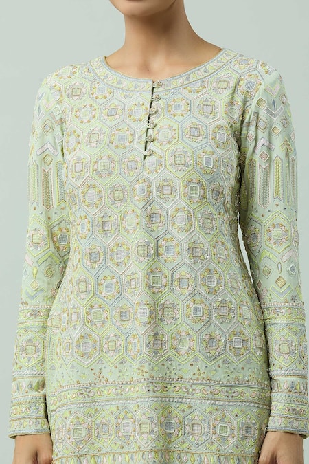Buy_Anushka Khanna_Green Organza, Silk Sequins, Beads, Honeycomb Thread Kurta Gharara Set_Online_at_Aza_Fashions