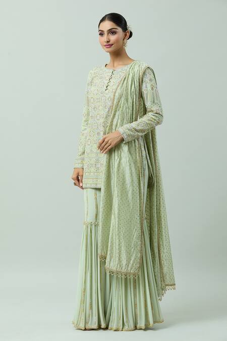 Anushka Khanna_Green Organza, Silk Sequins, Beads, Honeycomb Thread Kurta Gharara Set_at_Aza_Fashions