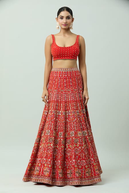 Anushka Khanna_Red Silk Beads, Gota Patti, Crystals, Embellished Floral Bridal Lehenga Set_Online_at_Aza_Fashions