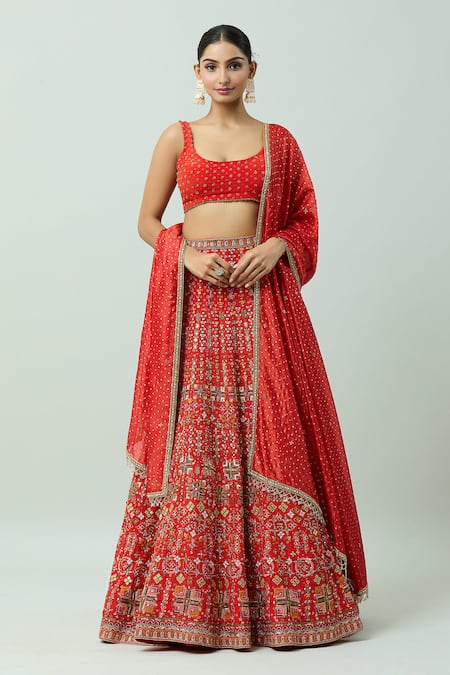 Shop_Anushka Khanna_Red Silk Beads, Gota Patti, Crystals, Embellished Floral Bridal Lehenga Set_Online_at_Aza_Fashions