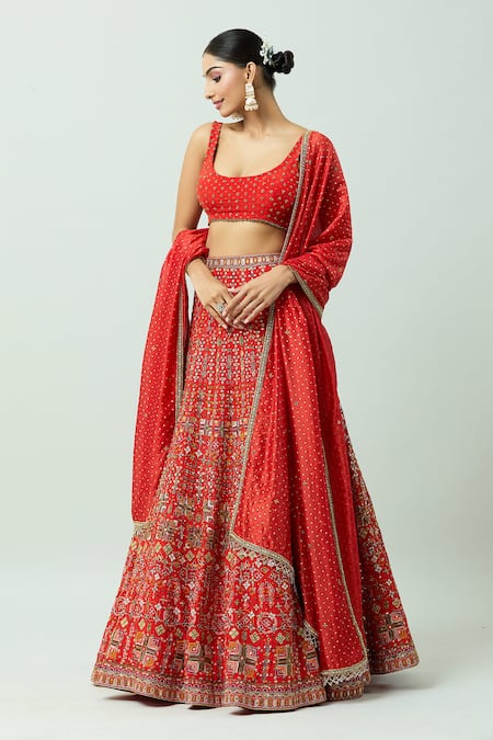 Anushka Khanna_Red Silk Beads, Gota Patti, Crystals, Embellished Floral Bridal Lehenga Set_at_Aza_Fashions
